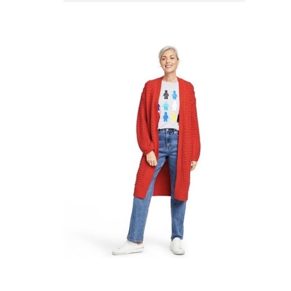 Lego Sweaters - LEGO Target Women's Red Bobble Popcorn Knit Open Front Long Duster Sweater Sz M